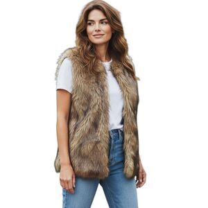 Merona Womens Open Front Faux Fur Mingled Brown Sleeveless Lined Vest SZ. XS EUC